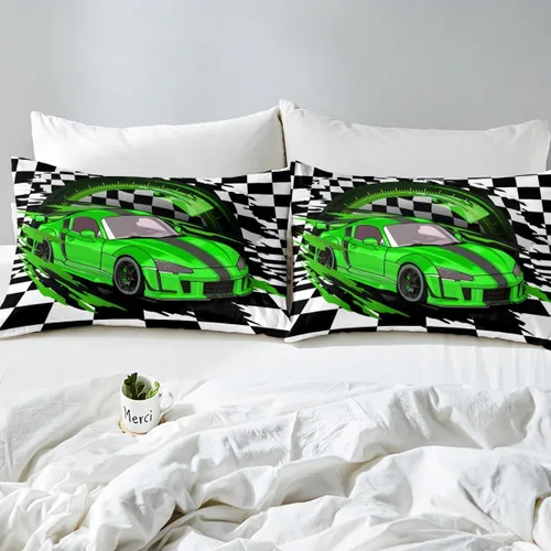 Miniatura 4 de Erosebridal Juego de ropa de cama de coche deportivo verde para niños, tamaño individual, funda de edredón de autos de carreras para niños