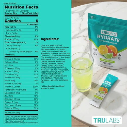 Miniatura 7 de TRULABS Hydrate - Mezcla de bebida con electrolitos – Sabor cítrico Splash, paquetes de hidratación sin azúcar con electrolitos de 1422 mg y 19