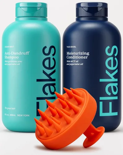 Flakes Juego de champú y acondicionador anticaspa para hombres con masajeador del cuero cabelludo | Champú para el cuero cabelludo seco, escamoso y