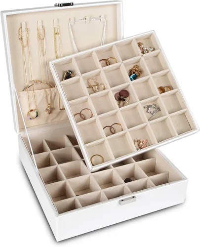 Frebeauty Organizador de aretes, joyero clásico, 50 ranuras, estuche de almacenamiento de joyas de doble capa con 6 ganchos para collar y bolsillo