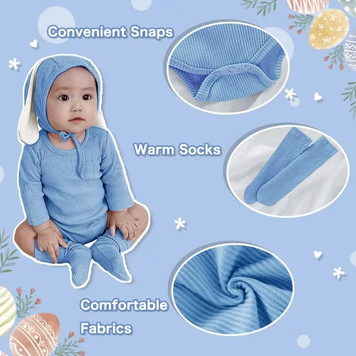 Miniatura 2 de Xifamniy Traje de conejo de Pascua para bebé, mameluco con orejas de conejo 3D para bebé recién nacido, Azul