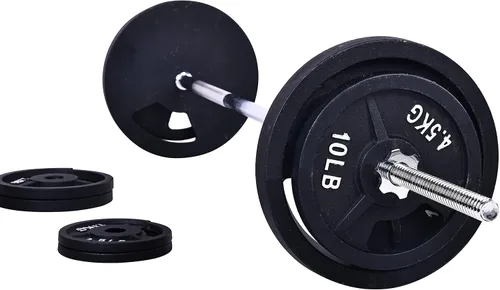 Miniatura 2 de Fitvids Placas de peso estándar de hierro fundido que incluyen barra estándar de 5 pies con cerraduras de estrella, juego de 95 libras