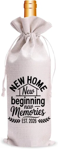 Bolsa de vino de inauguración de la casa 2026 – New Home New Beginning New Memories EST.2026, bolsa de regalo de arpillera para botellas de vino,