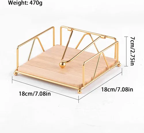 Miniatura 7 de Servilletero plano para servilletero, dispensador de servilletas de metal con brazo de tensión ponderada y base de madera, organizador de Oro