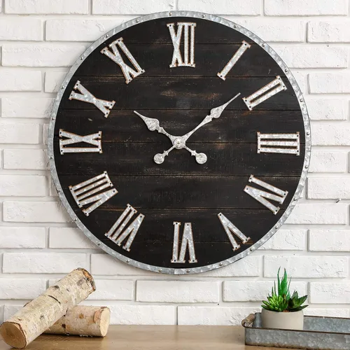 Miniatura 2 de Glitzhome Reloj de pared enorme de 28 pulgadas, elegante reloj negro envejecido, reloj de madera rústico antiguo, silencioso, sin tictac, funciona