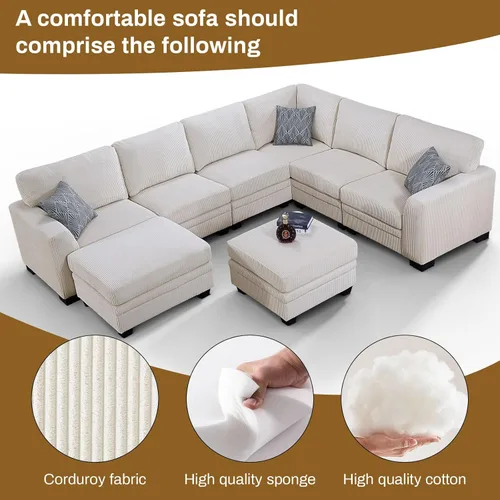 Miniatura 6 de Legend Vansen Sofá Seccional Modular de Gran Tamaño, Sofá en Forma de U de 8 Asientos con Otomana, Sofá de Pana con Asiento Profundo, Sofás Crema