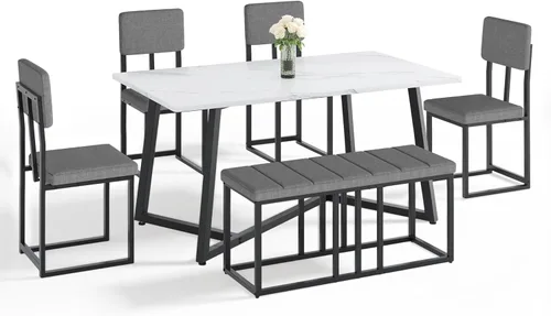 Miniatura 7 de HUGROVE Juego de mesa de comedor de 6 piezas, mesa rectangular de mármol sintético de 51.18 pulgadas con 4 sillas de comedor tapizadas de lino