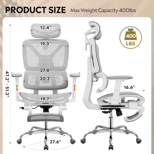 Miniatura 3 de Silla de escritorio ergonómica de malla DEVAISE con reposapiés, resistente, respaldo alto reclinable y giratoria, silla de oficina cómoda