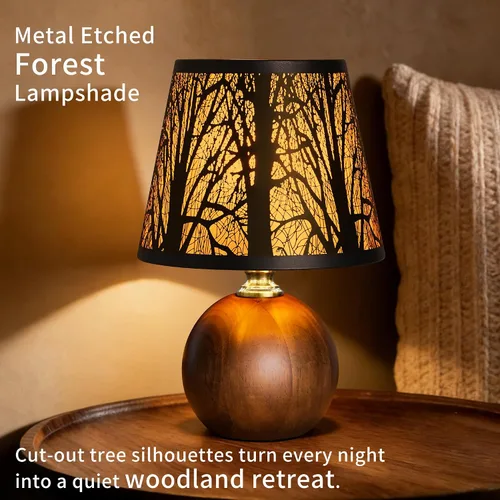 Miniatura 4 de Lámpara de mesa pequeña de bosque rústico de 11.4 pulgadas, base de madera maciza y pantalla de árbol de metal con lámpara de noche regulable de 3
