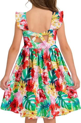 Miniatura 12 de Vieille Vestido de verano para niñas pequeñas, con volantes, manga corta, lindo vestido de sirena sin espalda para niños, vestido de playa casual
