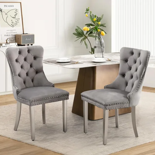 Miniatura 68 de Juego de 2 sillas de comedor tapizadas de tela de lino, sillas de cocina modernas de mediados de siglo con respaldo alto, ribete de cabeza de clavo