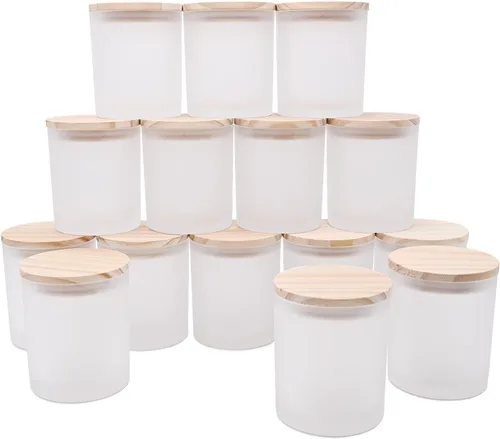 SHOWIN Tarros de vela gruesos de 10 onzas para hacer velas, 15 unidades, frascos vacíos con tapas de madera para hacer velas, recipiente de muestra,