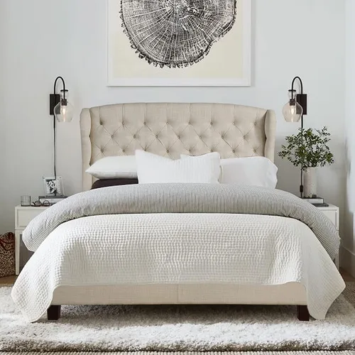 Miniatura 3 de Rosevera Josie Wingback - Base de cama con cabecera capitoné de altura ajustable, marco de cama tapizado de tela, soporte de listones de madera
