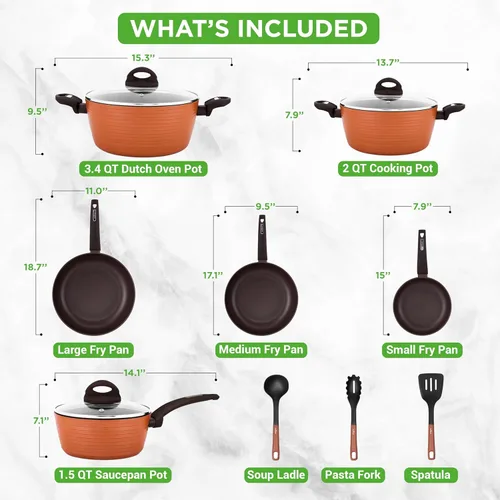 Miniatura 3 de NutriChef Professional - Juego de 12 piezas de utensilios de cocina antiadherentes marrones, sin PFOA/PFOS, laca resistente al calor, diseño