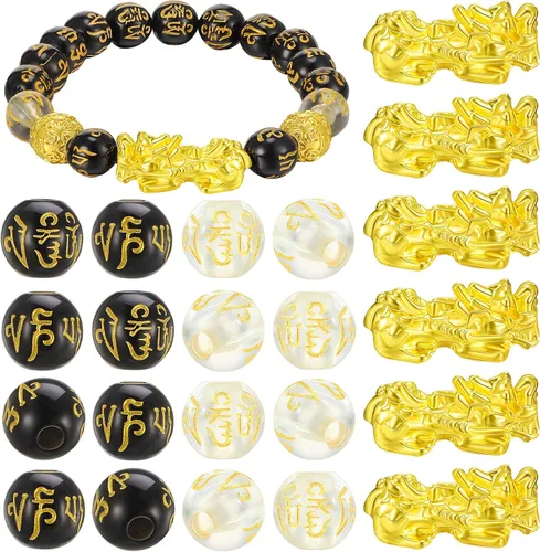 Hicarer 210 cuentas de Feng Shui 2026 Pi Xiu de latón con cuentas de oro chino Pixiu de resina de la suerte redondas sueltas de obsidiana para hacer