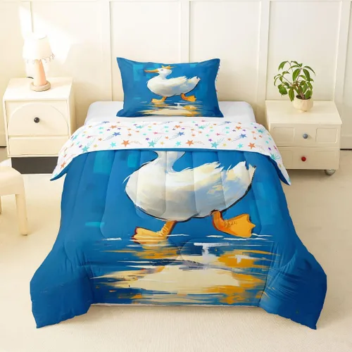 Miniatura 55 de Erosebridal Juego de ropa de cama a cuadros azul para niños, juego de cama individual con diseño de patos amarillos de dibujos animados, juego