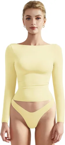Miniatura 20 de SUUKSESS Camiseta de mujer con cuello redondo, manga larga, doblemente forrada, ajustada y corta