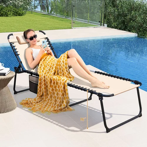 Miniatura 2 de Goplus Tumbona para exteriores, silla de playa plegable extragrande de 5 posiciones con almohada desmontable, bolsillo lateral, silla de bronceado