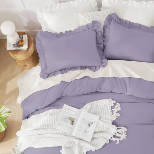 Miniatura 3 de Andency - Juego de edredón grisáceo lavanda púrpura, tamaño King, 3 piezas, juego de ropa de cama con volantes sólidos y colecciones, ropa de cama