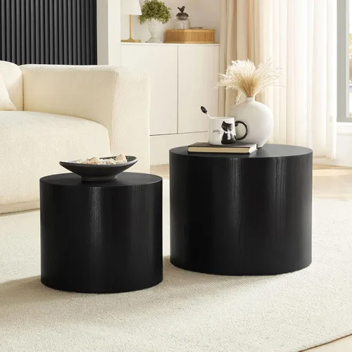 Nesting Coffee Table Set of 2, Modern Round Coffee Table Drum Side Table, Wooden Circle Accent Tables End Tables for Small Spaces Living Room