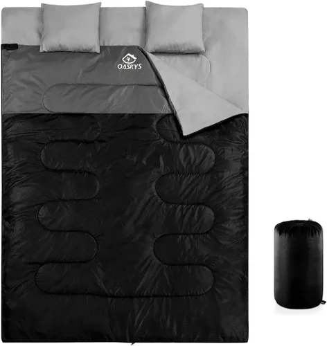 Miniatura 10 de oaskys Saco de dormir doble para adultos con 2 almohadas – Saco de dormir impermeable tamaño Queen XL para todas las estaciones, camping, Rosa