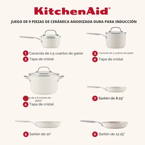 Miniatura 2 de KitchenAid Ollas y sartenes antiadherentes de inducción de cerámica anodizada dura con cacerolas, sartenes, olla y tapas, aptas para lavavajillas