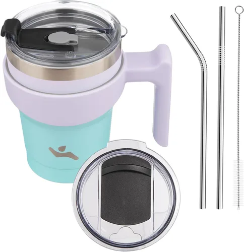 Miniatura 46 de Konokyo - Vaso de 10 onzas con asa y 2 popotes, 2 tapas, botella de agua aislada de acero inoxidable, taza de viaje reutilizable, color verde militar