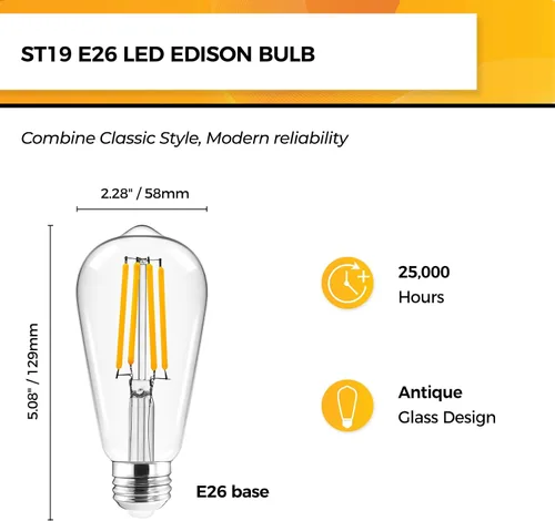 Miniatura 2 de Hizashi - 6 bombillas led Edison E26 equivalentes a 60 W, no regulables, 2,700 K, blanco cálido, CRI superior a 95, ST19, vintage, base E26, 700