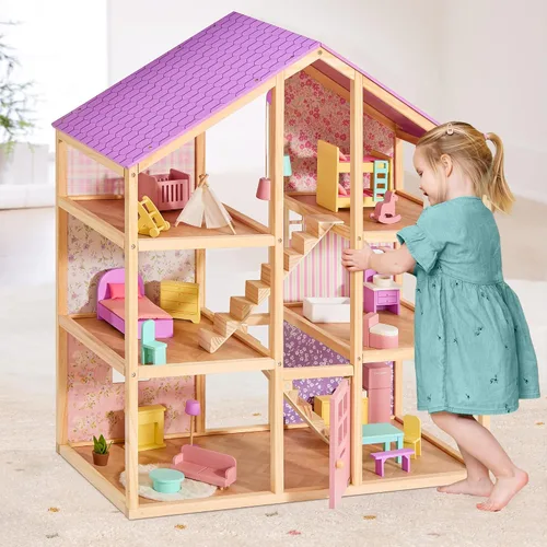 Miniatura 9 de Tiny Land Casa de muñecas de madera para niñas, casa de muñecas de madera de 6 habitaciones, casa de muñecas de bricolaje con 31 accesorios de Rosa