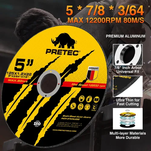 Miniatura 2 de Ruedas de corte de 5", PRETEC 50+5 Pack de rueda de corte de metal, discos de corte rápido delgados de 125mm de metal y acero inoxidable