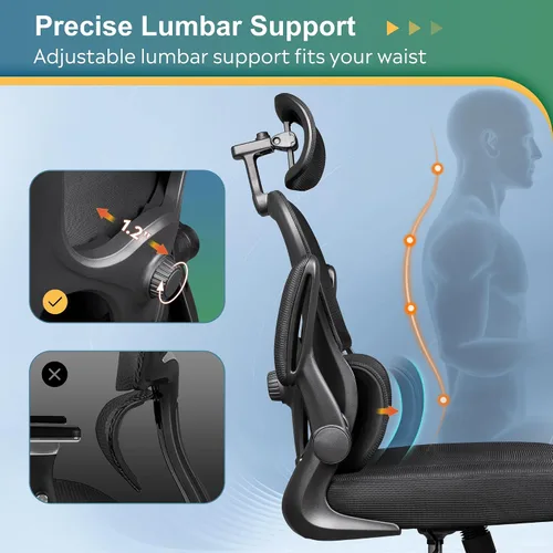 Miniatura 4 de DEVAISE Silla de escritorio ergonómica de malla, soporte lumbar ajustable separado, cojín grande, reposabrazos abatibles, inclinación oscilante