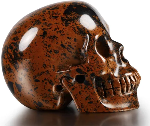 Miniatura 4 de Skullis Calavera de cristal de obsidiana de caoba de 3.0 pulgadas. Escultura de arte fino de piedra preciosa tallada a mano, estatua de piedra