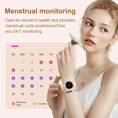 Miniatura 7 de Reloj inteligente para mujer, 1.19 pulgadas, pantalla táctil AMOLED, reloj de fitness (llamadas/notificaciones), 3 correas, monitor de frecuencia