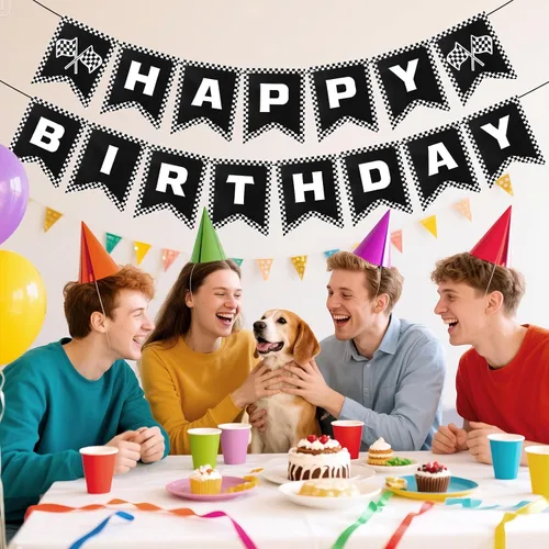 Miniatura 7 de Cartel de feliz cumpleaños de coche de carreras, decoraciones de fiesta de coche de carreras, bandera a cuadros en blanco y negro, bandera de fiesta