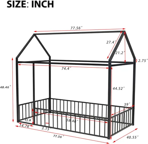 Miniatura 2 de CITYLIGHT Cama de casa tamaño individual para niños, cama Montessori de metal con diseño de valla, cama de suelo individual con rieles para niñas