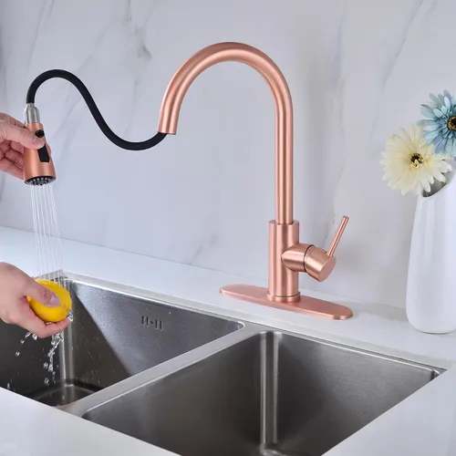 Miniatura 3 de Delle Rosa Grifo de cocina de cobre y oro rosa, montaje en cubierta, acero inoxidable 304, manija única, configuración de rociado de 3 vías, fácil