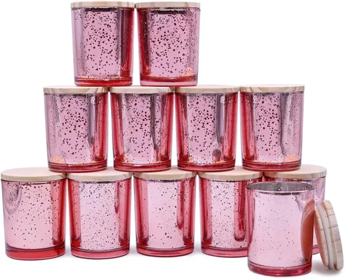 Miniatura 28 de SHOWIN Tarros de vela gruesos de 14 OZ para hacer velas 12 Piezas, tarros vacíos de 3 mechas con tapas de madera para hacer velas, recipiente