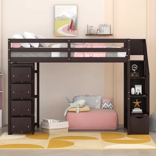 Miniatura 2 de Cama alta moderna con cajones de almacenamiento y escaleras, cama de madera tamaño individual con estantes y barandillas, para niños, niñas