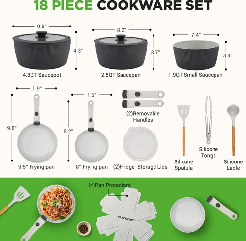 Miniatura 8 de NutriChef Juego de utensilios de cocina de cerámica de 18 piezas con asas desmontables, ollas y sartenes antiadherentes, revestimiento de cerámica