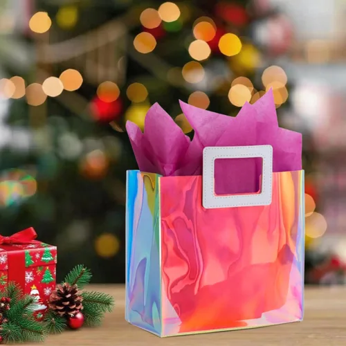 Miniatura 7 de Bolsa de regalo pequeña holográfica de 8.3'' con papel de seda, bolsa de regalo reutilizable para cumpleaños para niñas y mujeres, bolsa de novia, S