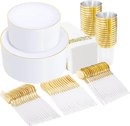 Miniatura 16 de Supernal 150 platos de plástico blanco y dorado, cubiertos de plástico dorado, juego de vajilla blanca incluye 60 platos, 30 tenedores, 30 Juego