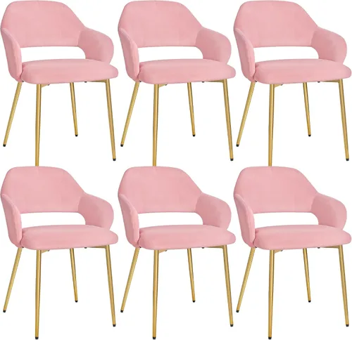 VECELO Juego de 6 sillas de comedor de terciopelo, modernas sillas de cocina tapizadas con cojín, respaldo acolchado y patas de metal, color rosa