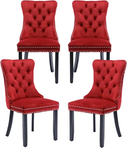 Miniatura 78 de Juego de 2 sillas de comedor de terciopelo, silla de comedor tapizada de alta gama con tirador de anillo en la espalda, adorno de clavos y patas