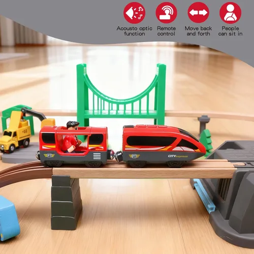 Miniatura 2 de Tren a pilas para pista de madera, potente locomotora con motor de control remoto, juguete de tren con luz y sonidos, regalo para niños pequeños