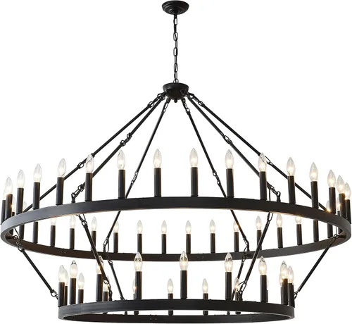Candelabro grande de 60 pulgadas de rueda de vagón negro, lámpara colgante redonda de 54 luces de 2 niveles estilo industrial de granja para porche