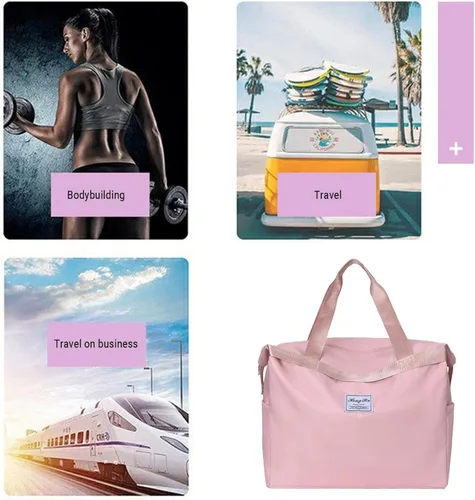 Miniatura 7 de Bolsas de lona de viaje, bolsa deportiva de gran capacidad, expandibles, bolsas de gimnasio ligeras para hombres y mujeres, Rosado, Classic