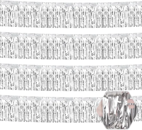 Miniatura 15 de Paquete de 4 guirnaldas de flecos de papel de aluminio negro de 10 pies con serpentinas metálicas de oropel para colgar en la pared, telón de fondo