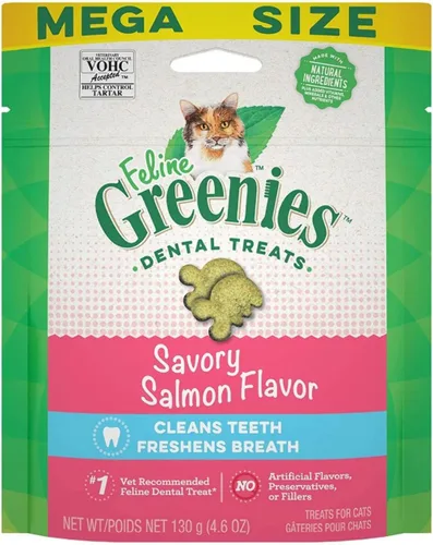 Miniatura 16 de Golosinas dentales naturales Greenies para gatos adultos recomendadas por veterinarios, sabor delicioso a salmón, envase de 9.75 oz