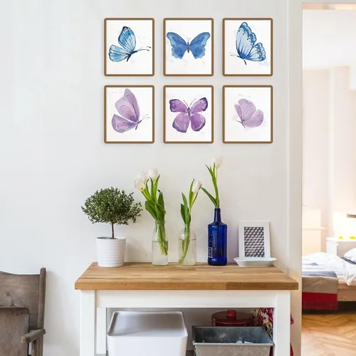 Miniatura 4 de SUPERDANT Juego de 6 impresiones artísticas de pared de mariposas en acuarela azul y morado con diseño de mariposas, lienzo sin marco, arte de pared