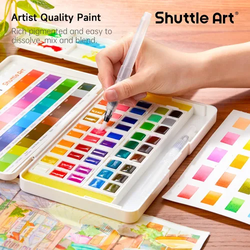 Miniatura 5 de Shuttle Art - Juego de pintura de acuarela de 48 colores en medias bandejas con 2 bolígrafos de pincel de agua, 10 pinceles de pintura, 1